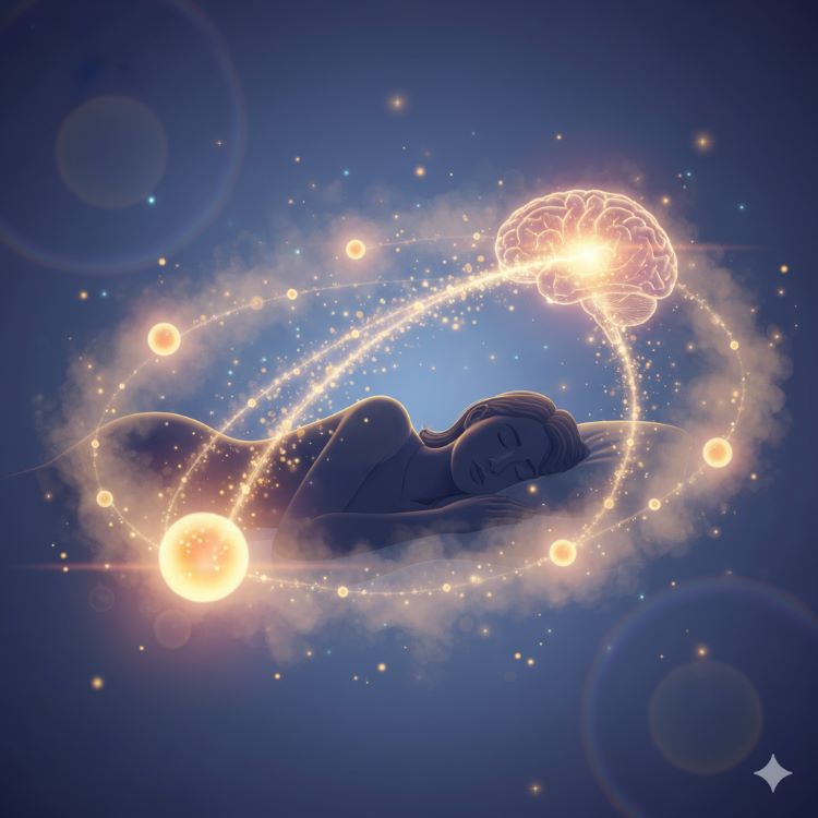 평화롭게 잠든 사람의 실루엣과 그 주변을 감싸는 부드러운 빛의 입자들이 뇌로 흘러들어가는 모습. 지방세포에서 출발한 렙틴 분자들이 별빛처럼 반짝이며 시상하부로 향하는 경로를 시각화한 따뜻하고 고요한 분위기의 일러스트. 파란색과 보라색 그라데이션 배경에 황금빛 렙틴 입자