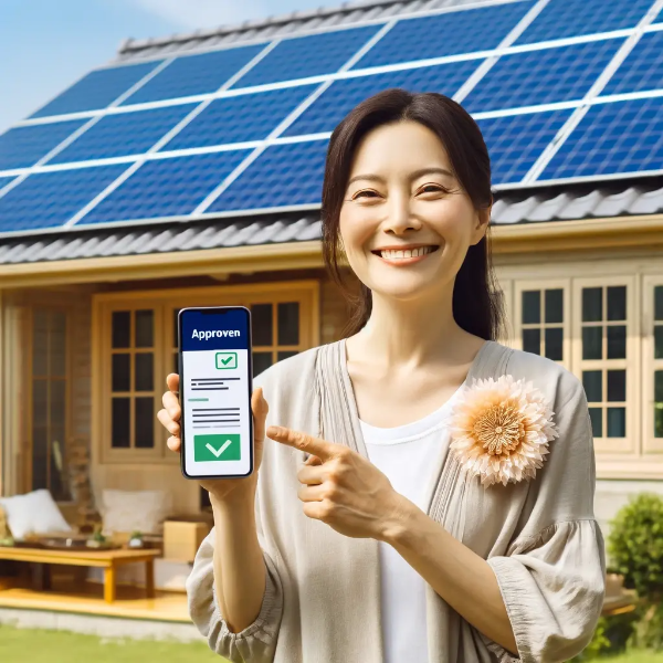 태양광 패널이 설치된 주택 앞에서 모바일 기기로 승인 메시지를 확인하며 미소 짓는 동양인 중년 여성의 초고해상도 사진