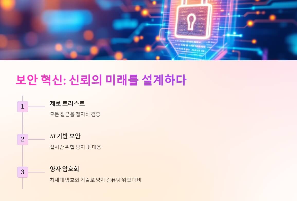 디지털 자물쇠와 회로망이 중심인 이미지. 빛나는 자물쇠가 신뢰성과 보안을 상징하며, 회로가 데이터 흐름을 암시