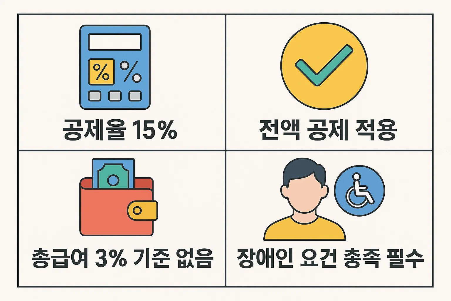 공제율 15%, 전액 공제 적용, 총급여 3% 기준 제외 등 2025 장애인 의료비 공제의 계산 구조를 한눈에 정리한 인포그래픽으로 환급액 차이를 쉽게 파악할 수 있는 자료