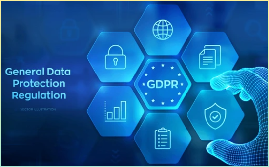 GDPR. 일반 데이터 보호 규정. 가상 화면에서의 사이버 보안 및 개인정보 보호 개념. 개인정보 보호. 손이 요소를 구성 요소로 배치하는 모습. 벡터 일러스트레이션.
