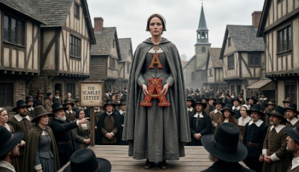 가슴에 새겨진 주홍글씨 'A'를 당당하게 자수로 장식하며 사회적 억압에 저항하는 헤스터 프린 (Hester Prynne resisting social oppression by boldly decorating the scarlet letter 'A' on her chest)