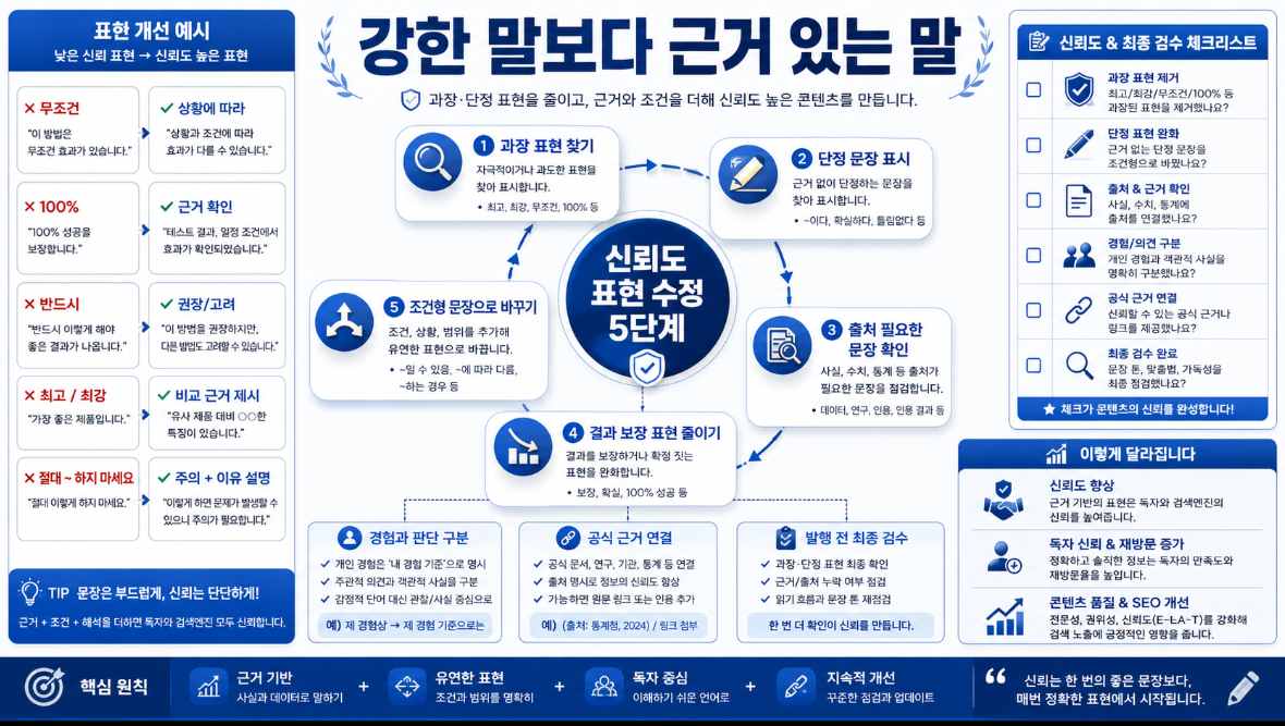 블로그 신뢰도를 높이기 위해 과장 표현 단정 문장 출처 필요한 문장 조건형 표현 경험과 판단 구분을 점검하는 5단계 인포그래픽