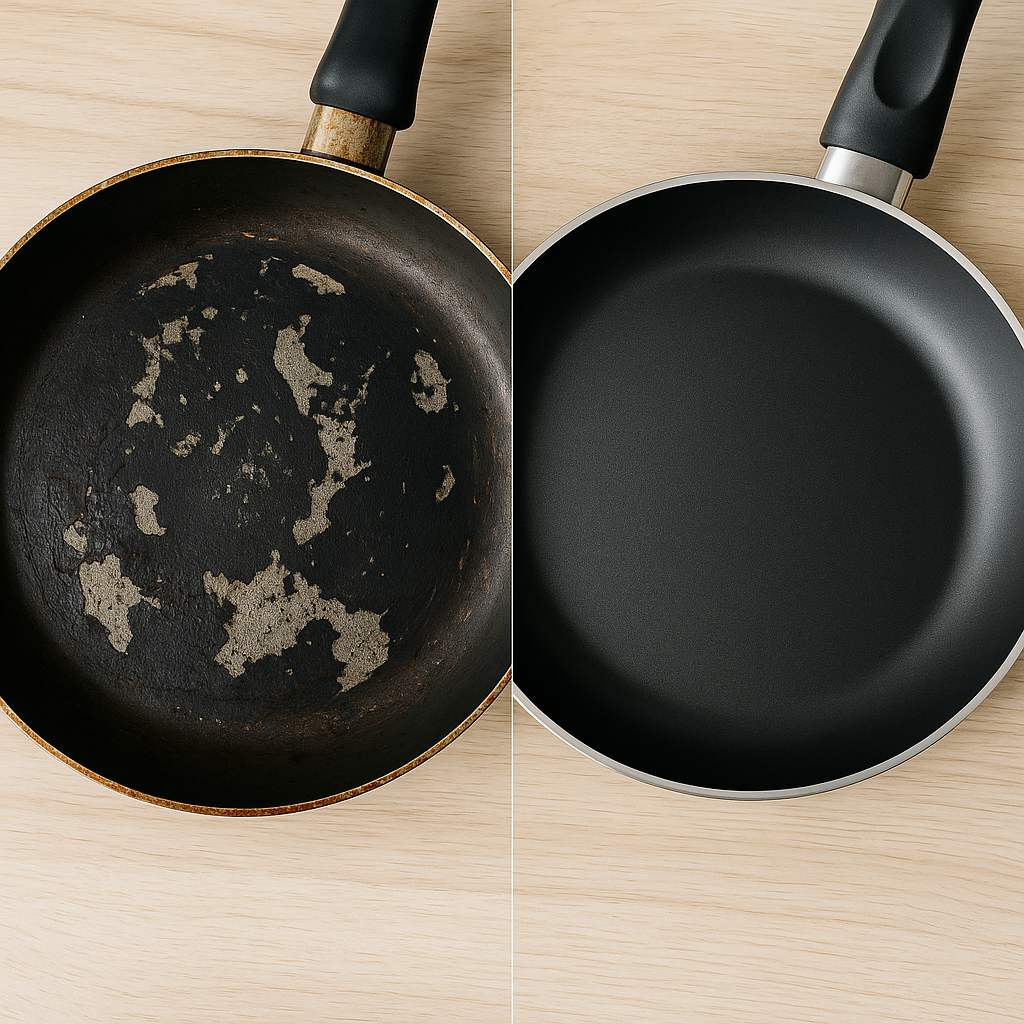 오래 사용해 코팅이 벗겨진 후라이팬(왼쪽)과 새로 교체된 코팅 팬(오른쪽)을 나란히 비교한 이미지