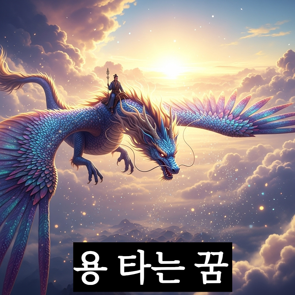 찬란한 황금빛 구름 사이로 거대한 용의 등에 올라타 세상을 내려다보며 비상하는 웅장하고 신비로운 일러스트
