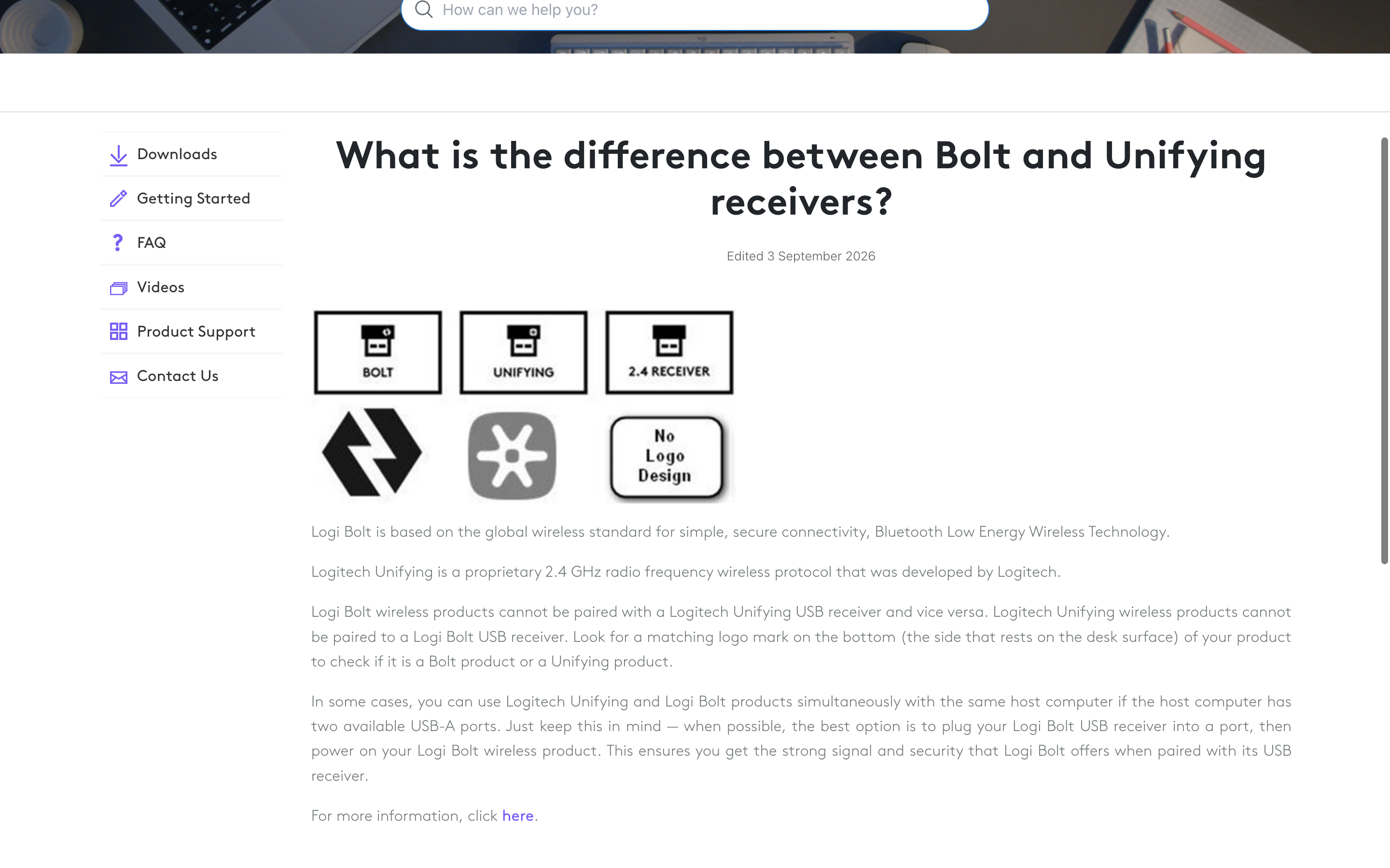Logitech 공식 지원 문서에서 Logi Bolt와 Unifying 수신기의 로고와 상호 비호환성을 설명하는 화면