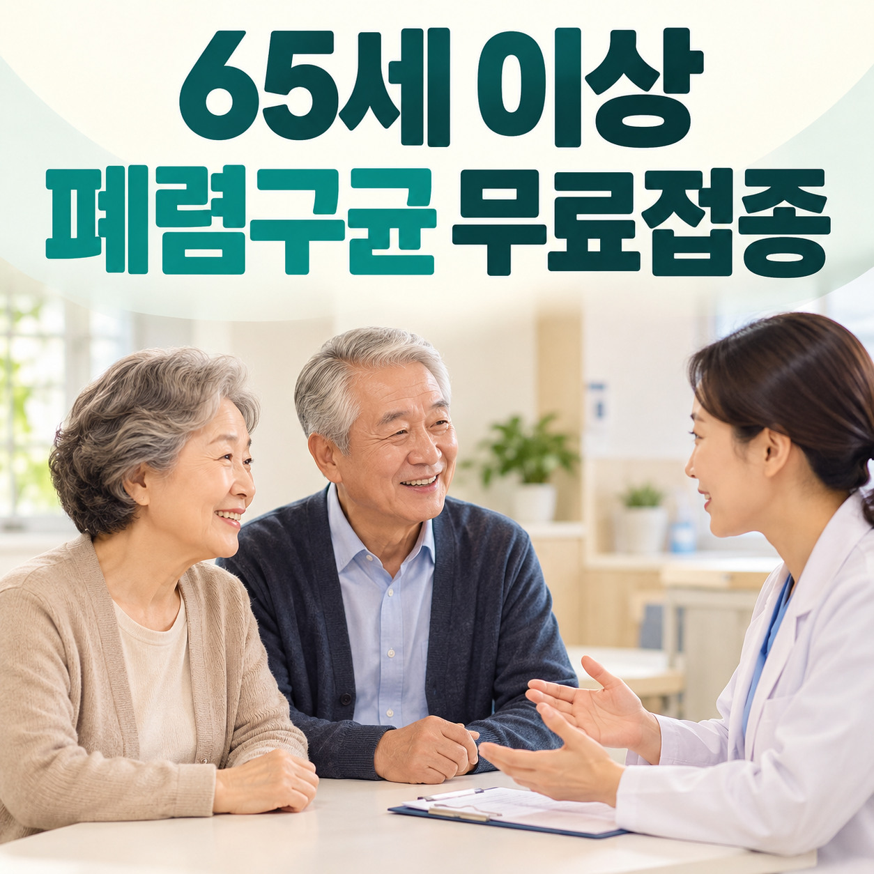 병원 진료실에서 노부부가 의료진과 폐렴구균 무료접종 상담을 나누는 모습과 안내 문구