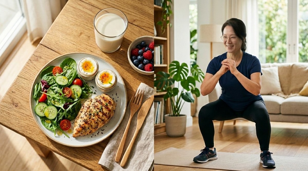 밝은 거실에서 스쿼트 운동을 하는 건강한 중년 여성의 모습과 계란, 두유, 닭가슴살, 채소로 구성된 단백질 중심의 식단이 나란히 배치된 분할 화면 이미지