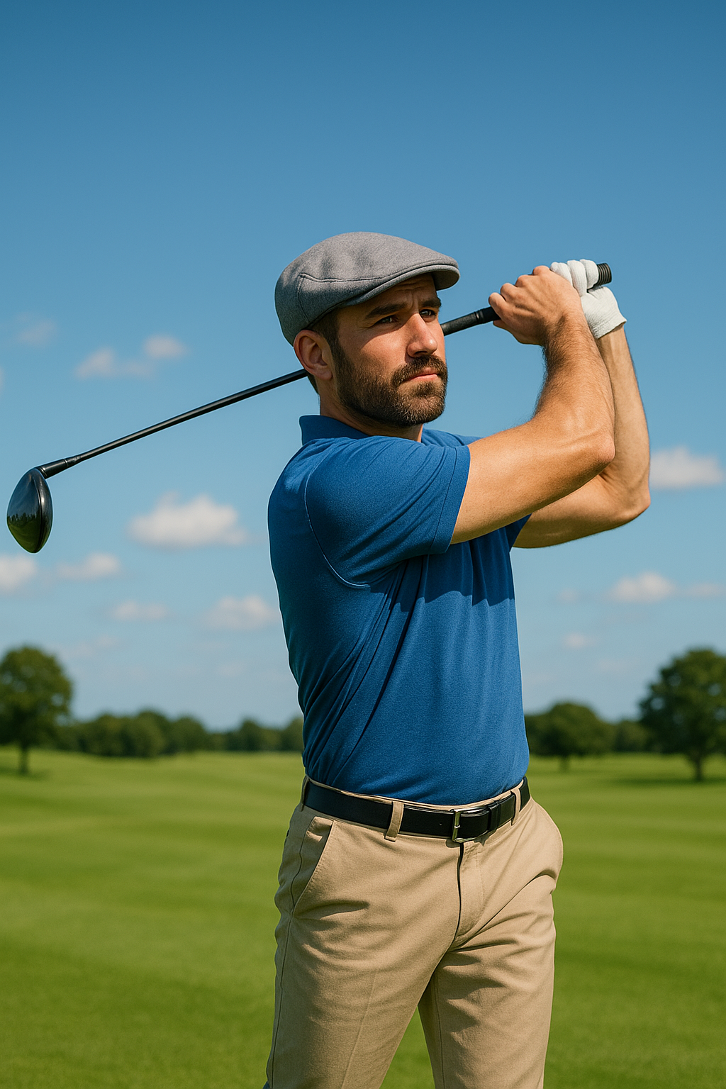 푸른 잔디와 파른 하늘 아래 아일랜드 남자 골퍼가 멋진 우드샷 모습