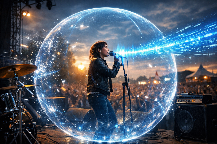 실시간 소스 분리 기술을 적용하여 보컬 블리드 현상을 제거하는 라이브 엔지니어링 시스템.