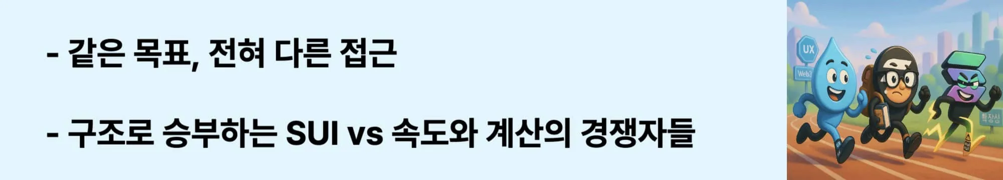 ‘같은 목표, 전혀 다른 접근’이라는 문구가 포함된 웹배너 이미지. 이 이미지는 SUI가 Aptos, Solana와 어떤 기술적 철학적 차이를 갖는지를 비교하며, 블로그의 차세대 블록체인 비교 주제와 관련된 내용을 설명함 (SUI vs Aptos Solana comparison)