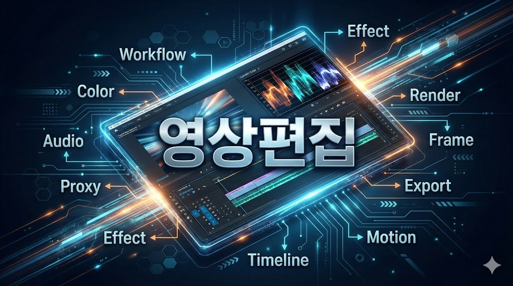 영상편집 핵심 기능 30가지를 설명하는 고해상도 인포그래픽 이미지로 루메트리 컬러와 타임라인 워크플로우를 시각화하여 전문성을 강조함