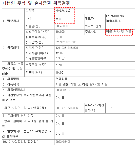금양 몽골 광산 채굴 업체 인수사항