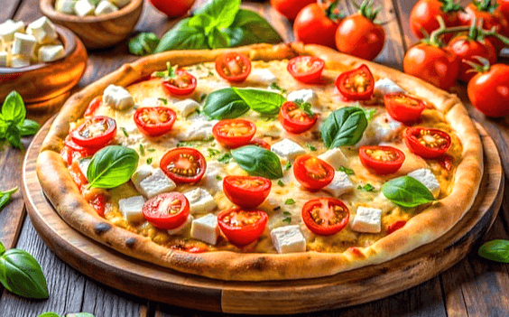 나무 탁자 위에 커다란 피자 한 판이 있다. 피자 위에는 반으로 잘린 방울토마토들과 하얀 치즈덩이들이 가득하다.