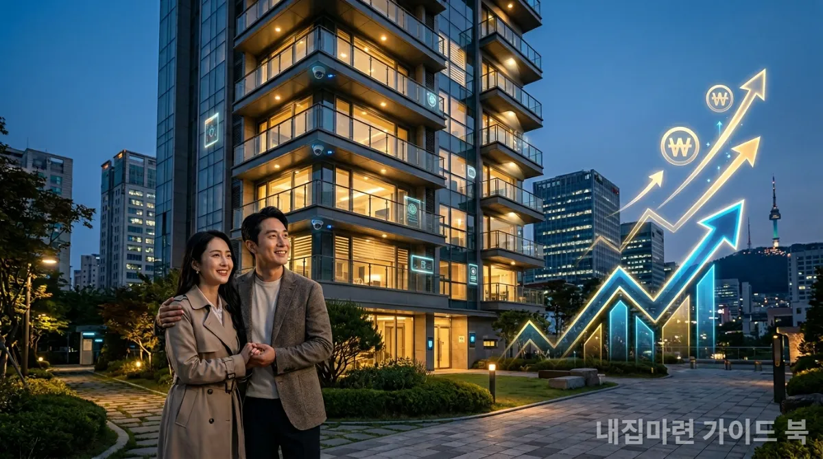 스마트홈 기술이 적용된 한국의 아파트 단지 앞에서 주택 가치 상승을 상징하는 그래프를 보는 부부