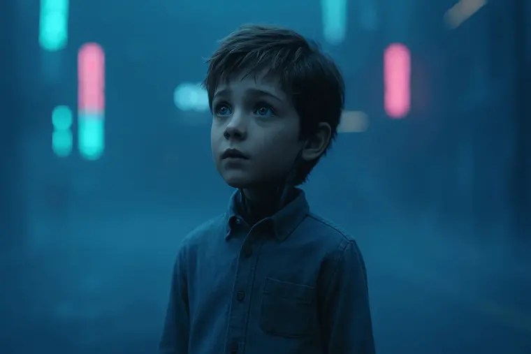 소년형 로봇이 파란빛 도시 속에서 하늘을 바라보는 장면. 로봇 아이가 쓸쓸한 표정으로 서 있으며, 미래적인 분위기와 감성적인 분위기를 함께 전달한다..