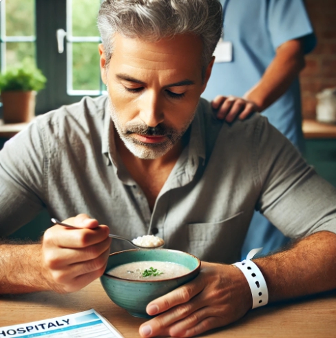 내시경 대장 용종 제거술 후 첫 식사 중인 50대 남성