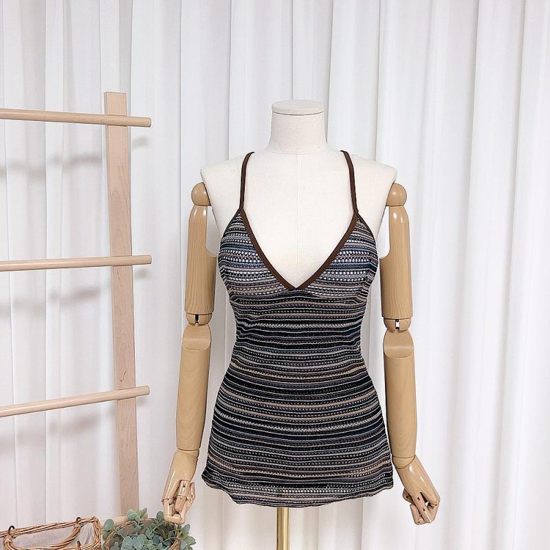 니트 스트라이프 원피스 모노키니 배색 시스루 코르셋 체형커버 수영복