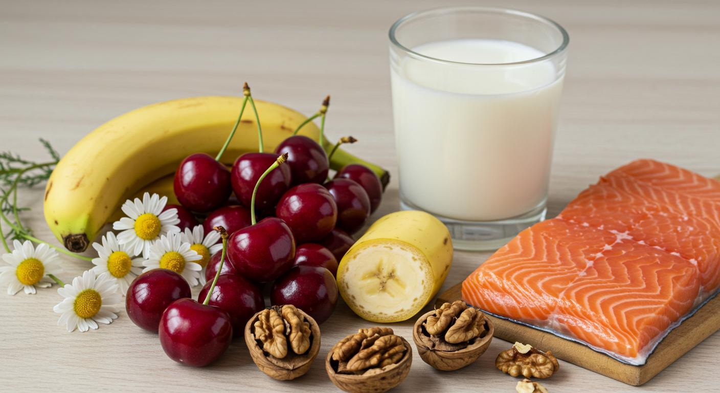 불면증에 좋은 음식인 체리, 바나나, 연어, 우유, 호두, 카모마일, 귀리의 모습이다.