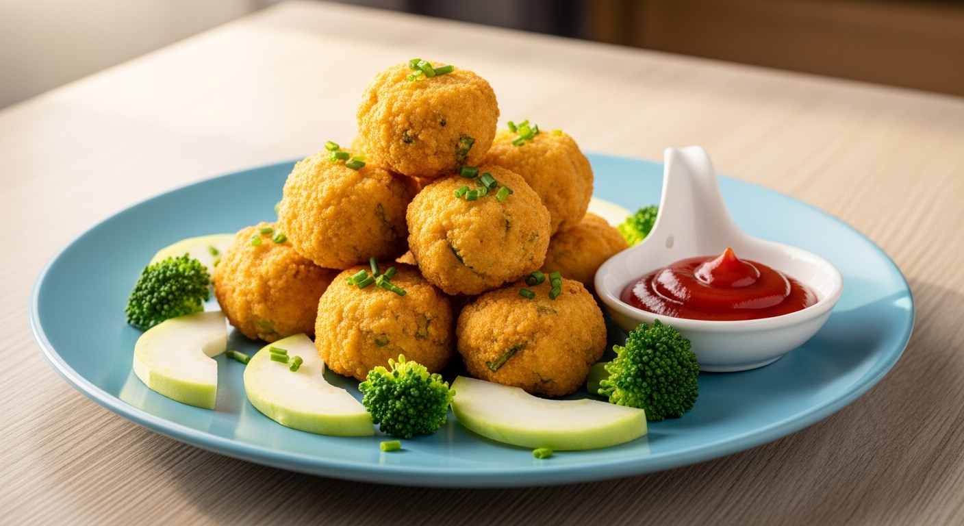 노릇하게 튀겨진 콜라비 치킨 너겟이 케첩과 함께 접시에 담겨 아이들을 위한 건강 간식처럼 보인다.