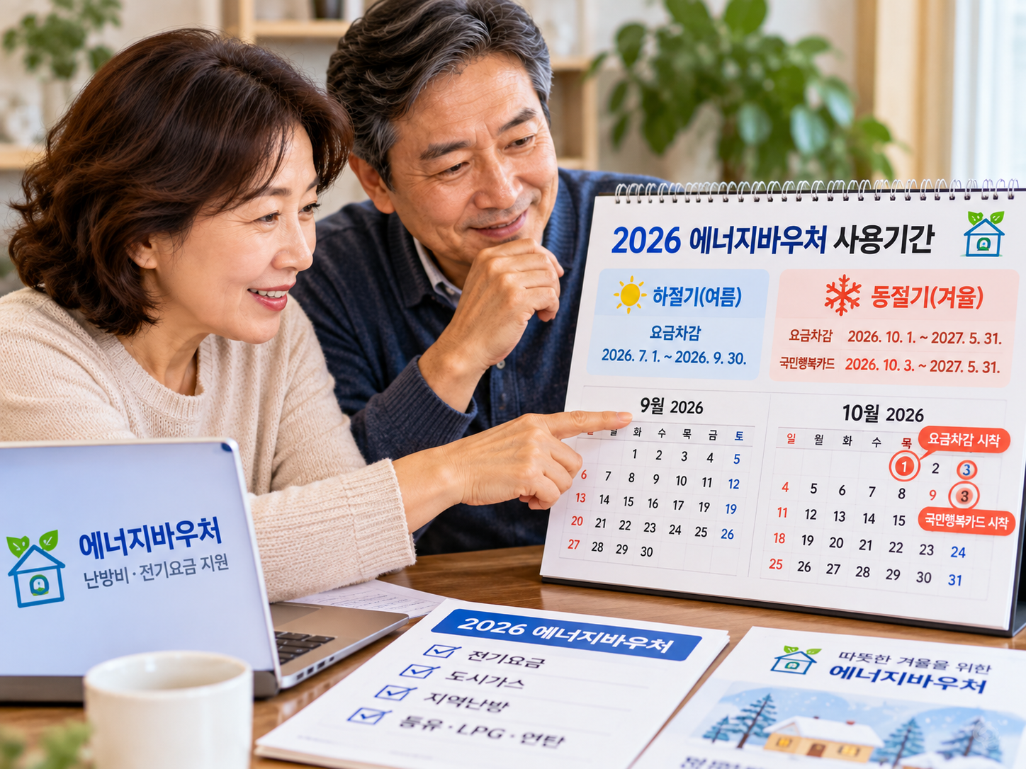 달력에서 2026년 에너지바우처 겨울 사용기간을 확인하는 중장년 부부