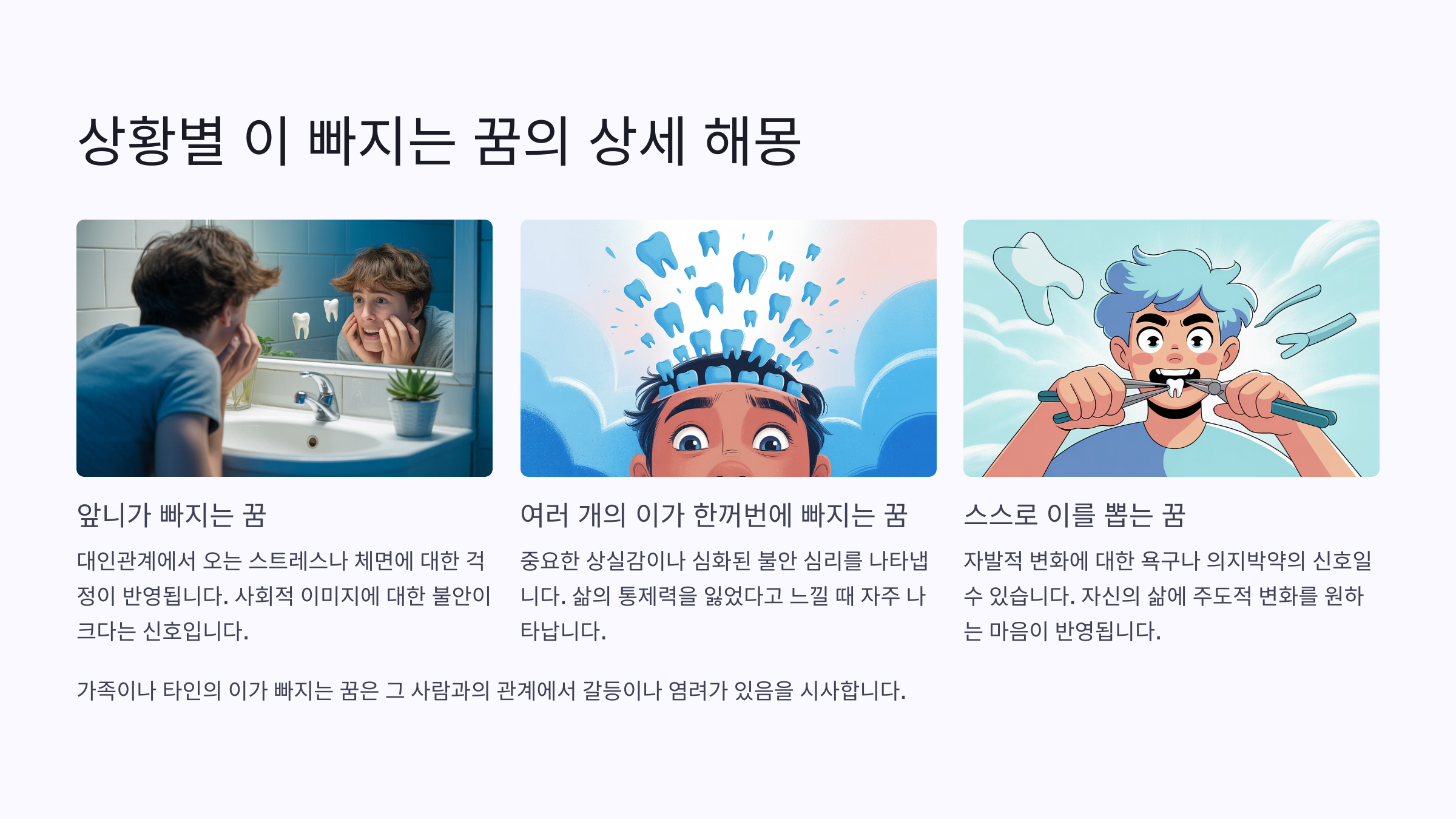 상황별 상세 해몽 (어떤 이가, 어떻게 빠졌나?) 🦷