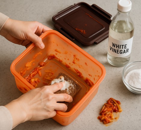 김치 양념이 묻은 통을 세척하는 장면