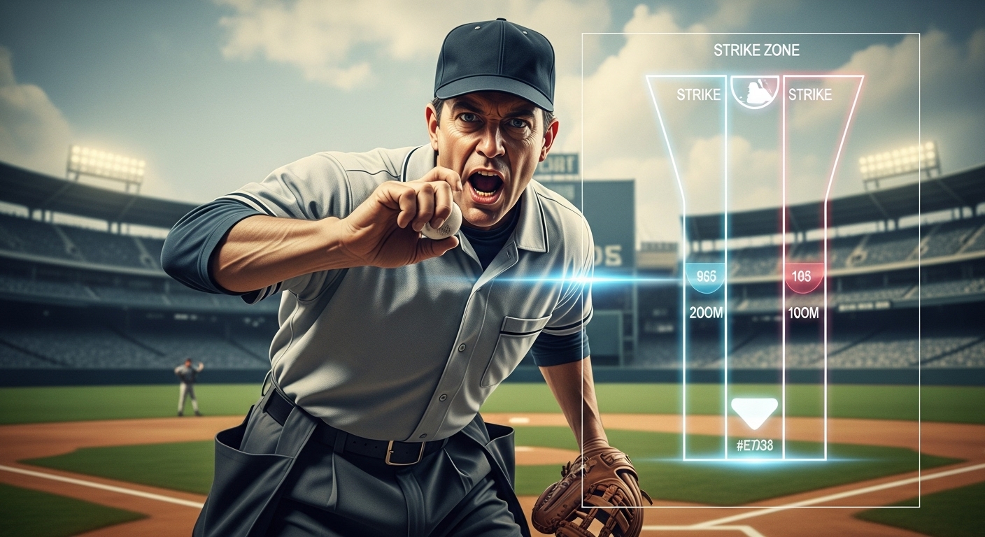 고전적인 야구 심판이 스트라이크를 선언하며, 홀로그램으로 표시된 스트라이크존이 시대별 변화를 보여주는 이미지. 과거와 미래가 공존하는 듯한 야구장 풍경.