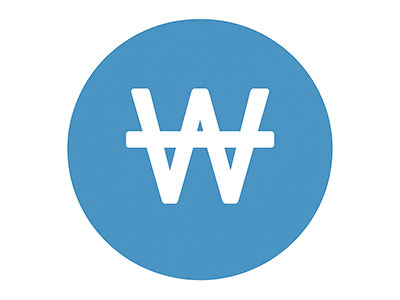 파란색 원 안에 하얀색 원화(₩) 기호가 들어 있는 아이콘. 기초생활수급자 소득 기준을 의미함. 