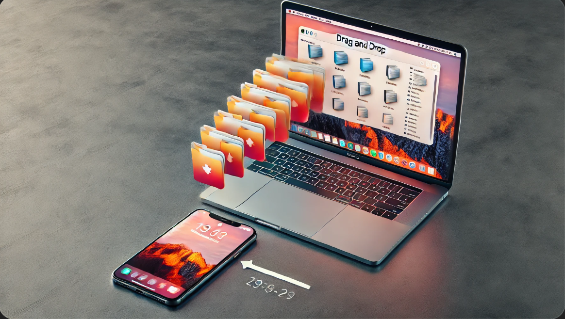 아이폰과 맥북 사이에서 드래그 앤 드롭으로 파일을 전송하는 현대적인 기술 활용 장면