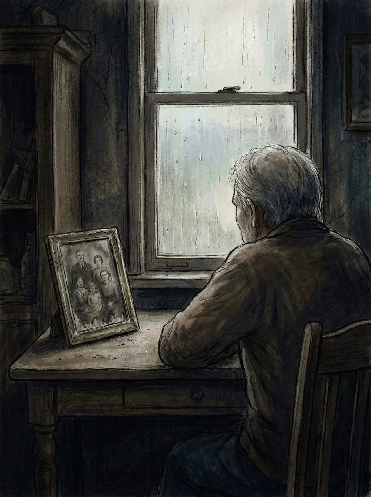 창밖을 멍하니 바라보는 노인의 쓸쓸한 뒷모습과 그 옆에 놓인 빛바랜 가족사진