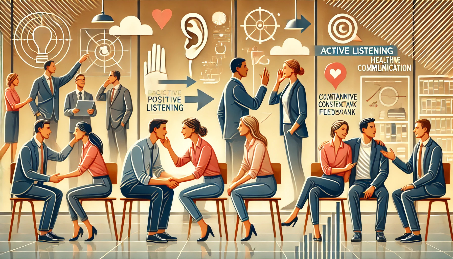 건강한 인간관계를 위한 커뮤니케이션 스킬을 강조하는 일러스트