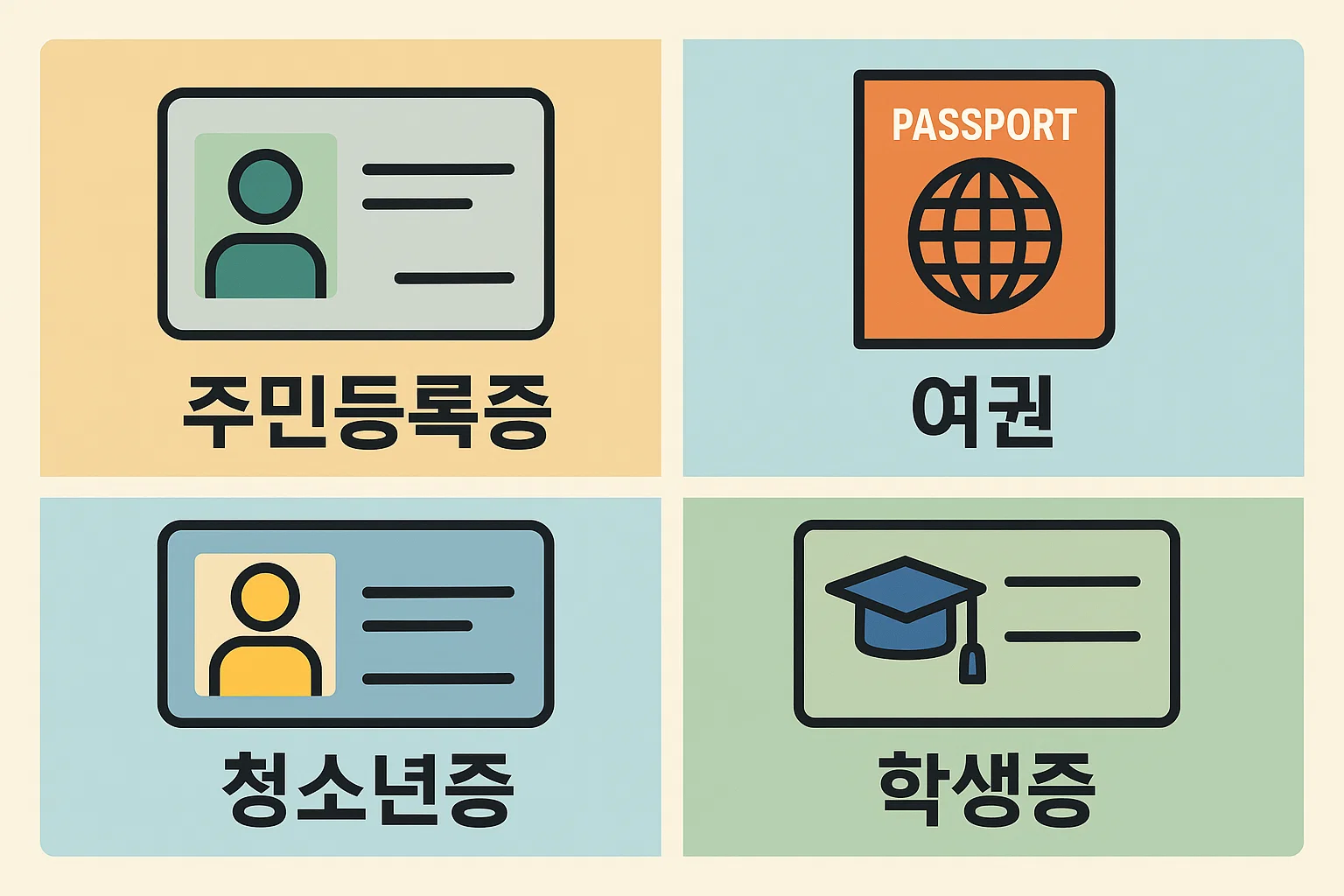 운전면허 시험 준비물 중 인정되는 신분증 안내 인포그래픽으로 주민등록증, 여권, 청소년증, 학생증 등 시험 응시에 필요한 신분증 종류를 시각적으로 설명한 자료입니다.