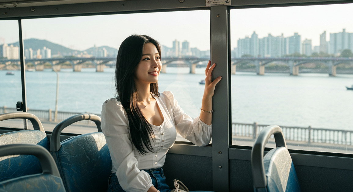 한강버스 타는 여성 이미지