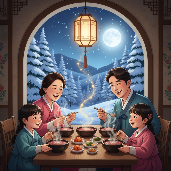 따뜻한 실내에서 가족들이 옹기종기 모여 팥죽을 먹으며 동지를 보내는 모습. 창밖으로는 고요한 겨울밤 풍경이 보인다. 행복하고 평화로운 분위기를 담고 있다.