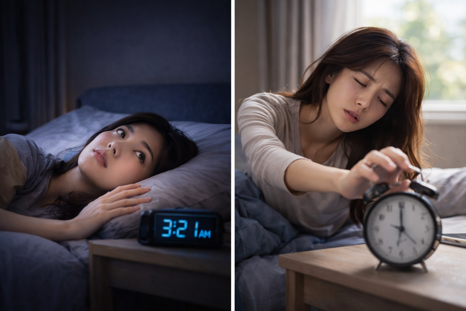 밤에는 잠이 안 오고 낮에는 졸린 수면 리듬 문제를 보여주는 생활 패턴 이미지