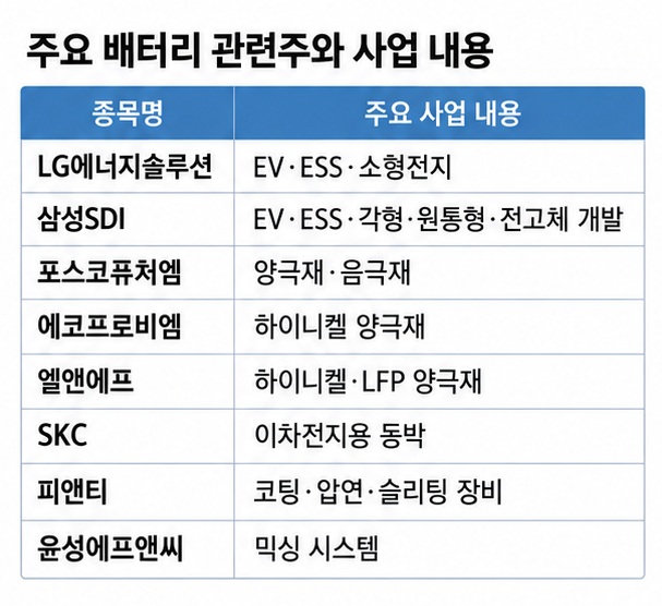 국내 배터리 관련주의 셀 양극재 음극재 동박 전극장비 믹싱장비 사업영역을 표로 정리한 이미지