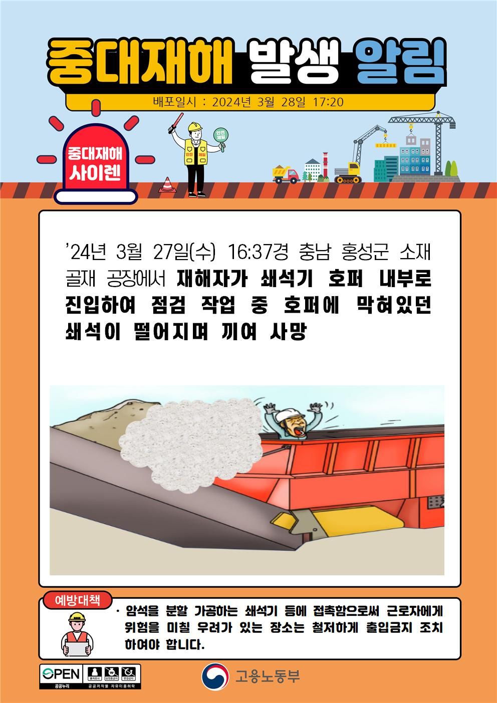 쇄석기 호퍼 내부에서 점검 작업 중 끼임