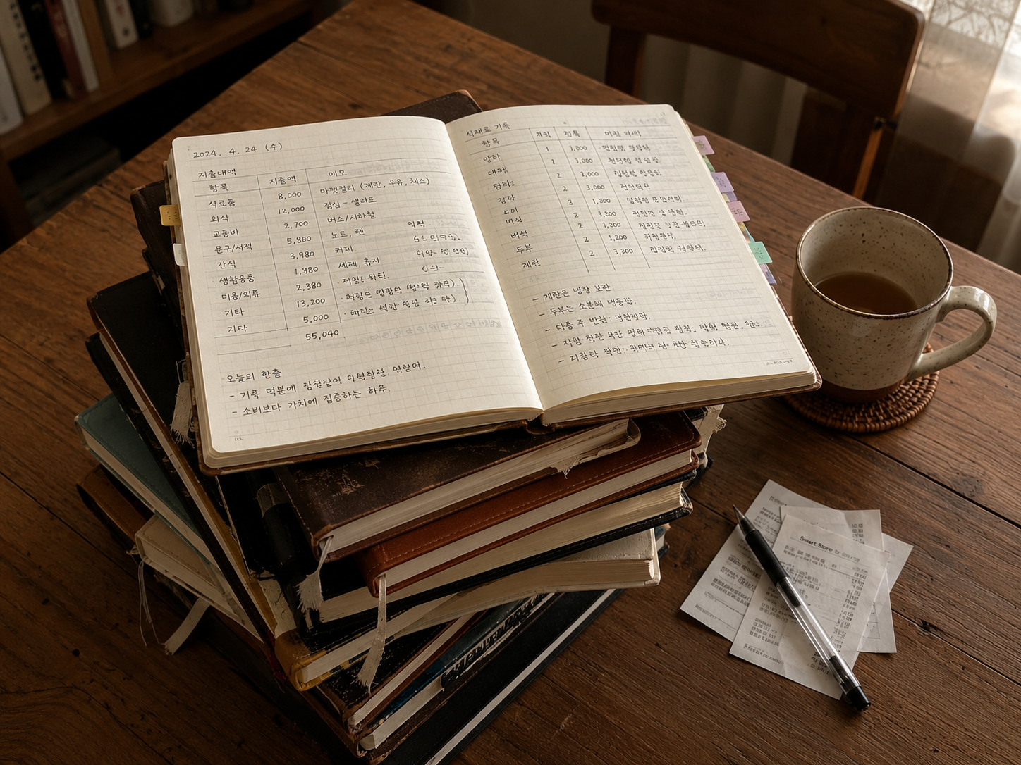 오래된 기록 노트들이 층층이 쌓여 있고, 그 위에 최근 날짜의 지출 내역과 식재료 기록이 상세히 적힌 노트가 펼쳐져 있는 모습. 옆에는 따뜻한 차 한 잔과 펜, 영수증이 놓여 있어 일상의 기록 과정을 보여주는 따뜻한 분위기의 이미지.