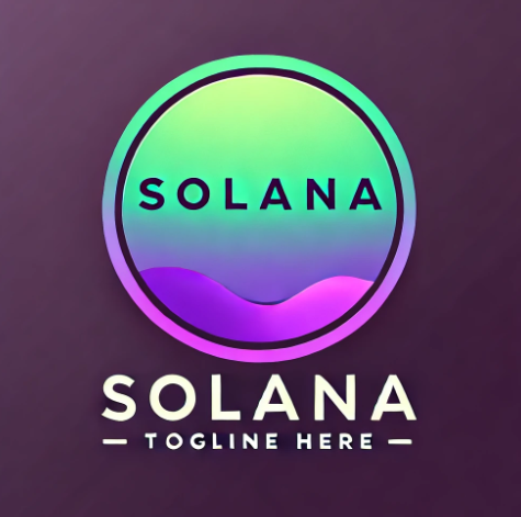 보라색과 녹색의 그라데이션으로 이루어진 원형 로고, 중앙에 'Solana'라는 텍스트가 있는 모습
