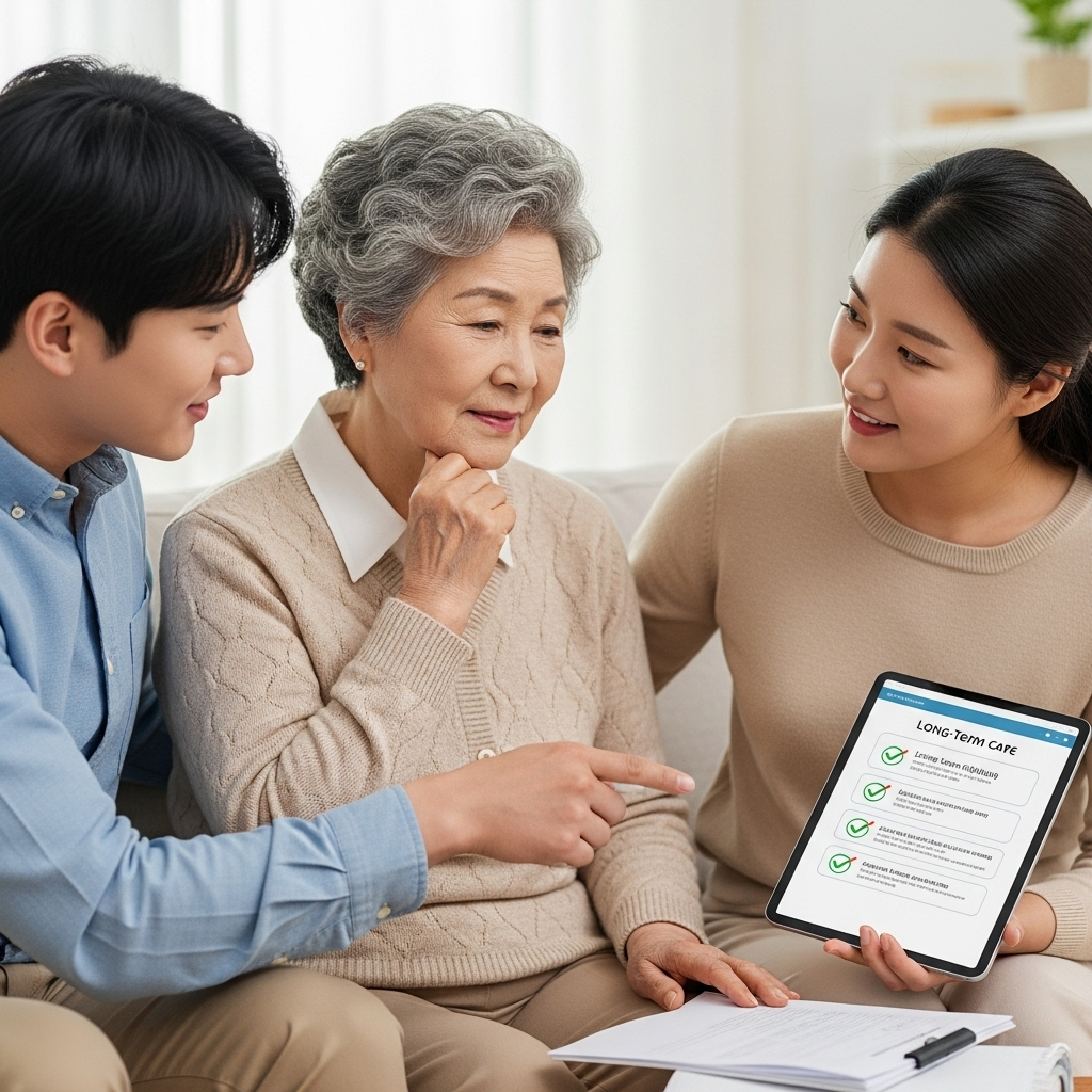 2026년 장기요양등급 신청 자격을 설명하는 가족의 따뜻한 모습. 딸과 아들이 어머니께 서류를 보여주며 친절하게 안내하고 있습니다.