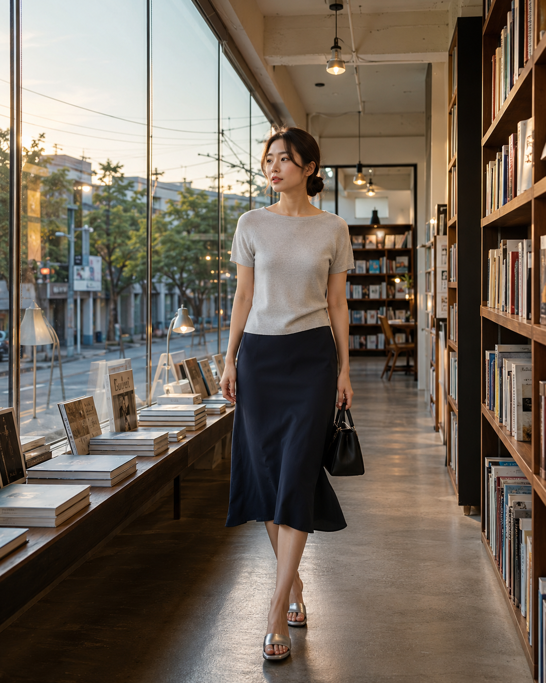 저녁 식사 약속에서 옷의 길이와 실루엣이 신체 비율에 미치는 포인트를 보여주는 이미지입니다.