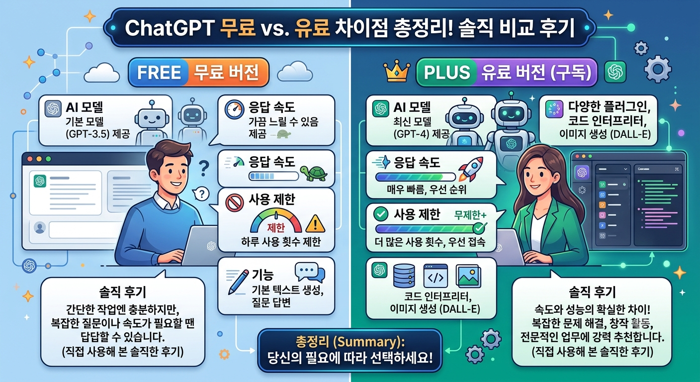 이미지 설명: 직접 사용해 보고 느낀 솔직한 비교 후기. ChatGPT 무료와 유료 차이점 총정리!