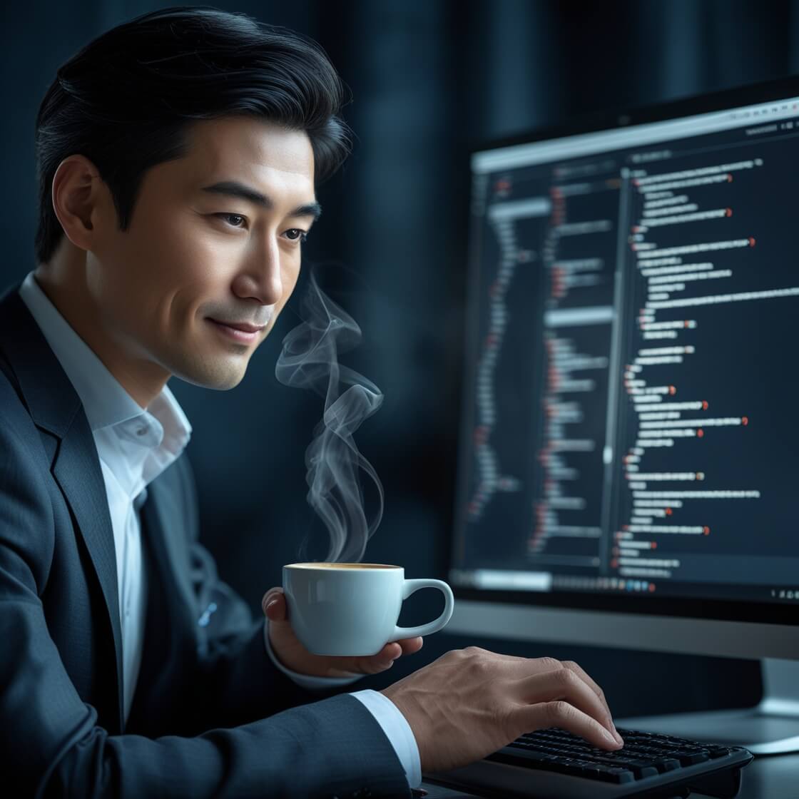 Ai툴을 사용한 업무 자동화로 여유로운 업무를 진행 중인 남성