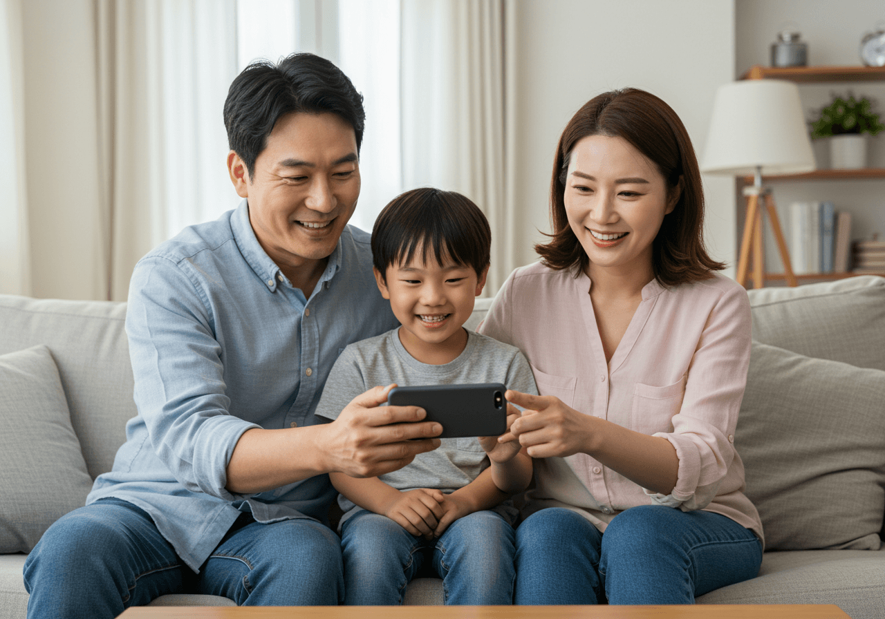 상생 페이백 지급 알림을 확인하며 기뻐하는 30~40대 한국인 가족이 거실 소파에서 휴대폰을 함께 보는 모습