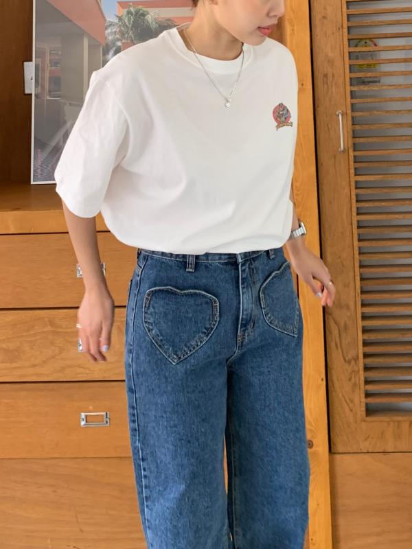 하트 포켓 중청 데님 일자핏 청바지 하트 청바지