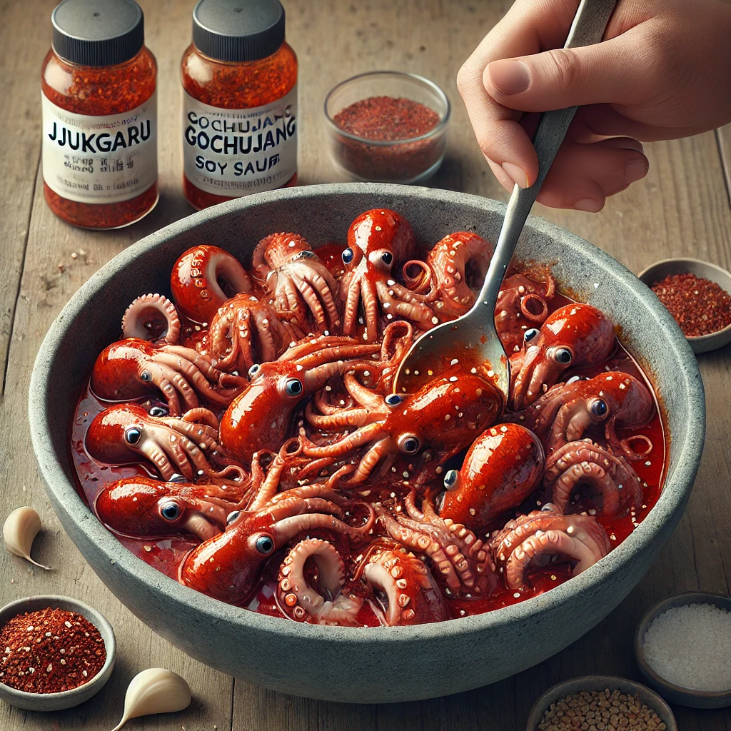 3. 쭈꾸미 양념하기
데친 쭈꾸미에 고춧가루, 고추장, 간장, 다진 마늘, 매실청, 식초, 설탕, 참기름, 통깨를 넣고 버무려 약 10분간 재워둡니다.