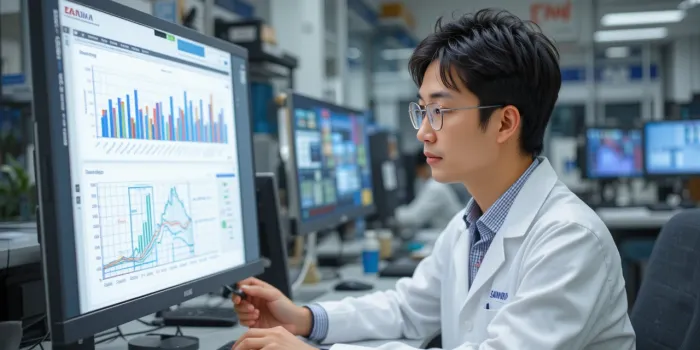 삼성전자의 반도체 시장 데이터를 집중적으로 분석하는 연구자의 모습