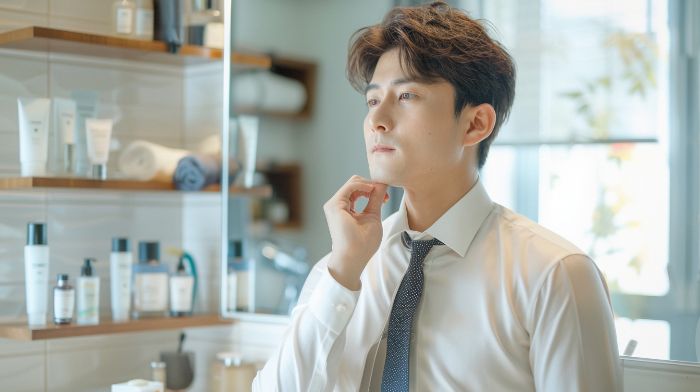 남성용 스킨케어 제품 세트가 책상 위에 가지런히 놓인 모습, 미니멀한 스타일