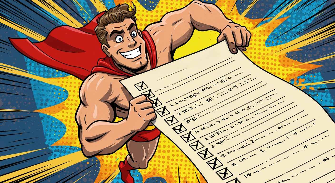 Funny drawing of a superhero bringing a checklist towards the camera
